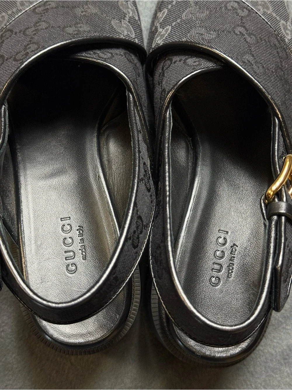 Gucci Black Platform Chunky Sandals with Gold Buckle